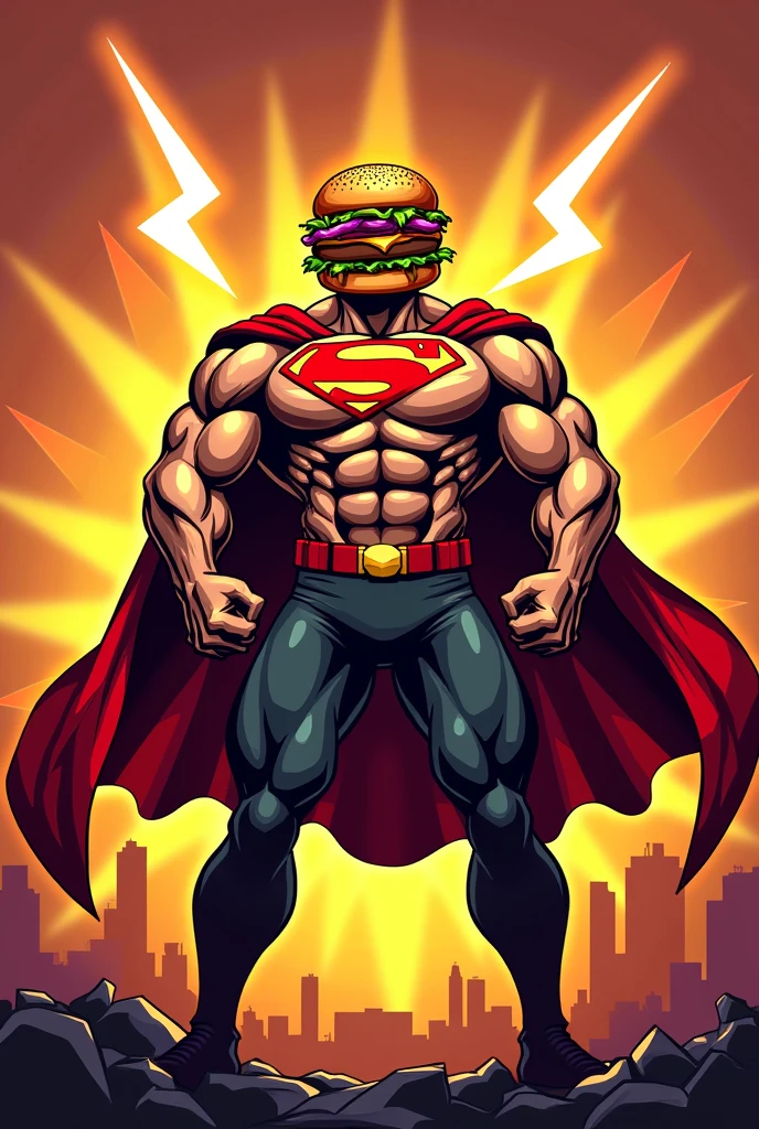 Design me a logo for a fast food company, I want a hamburger and it should be superhero style