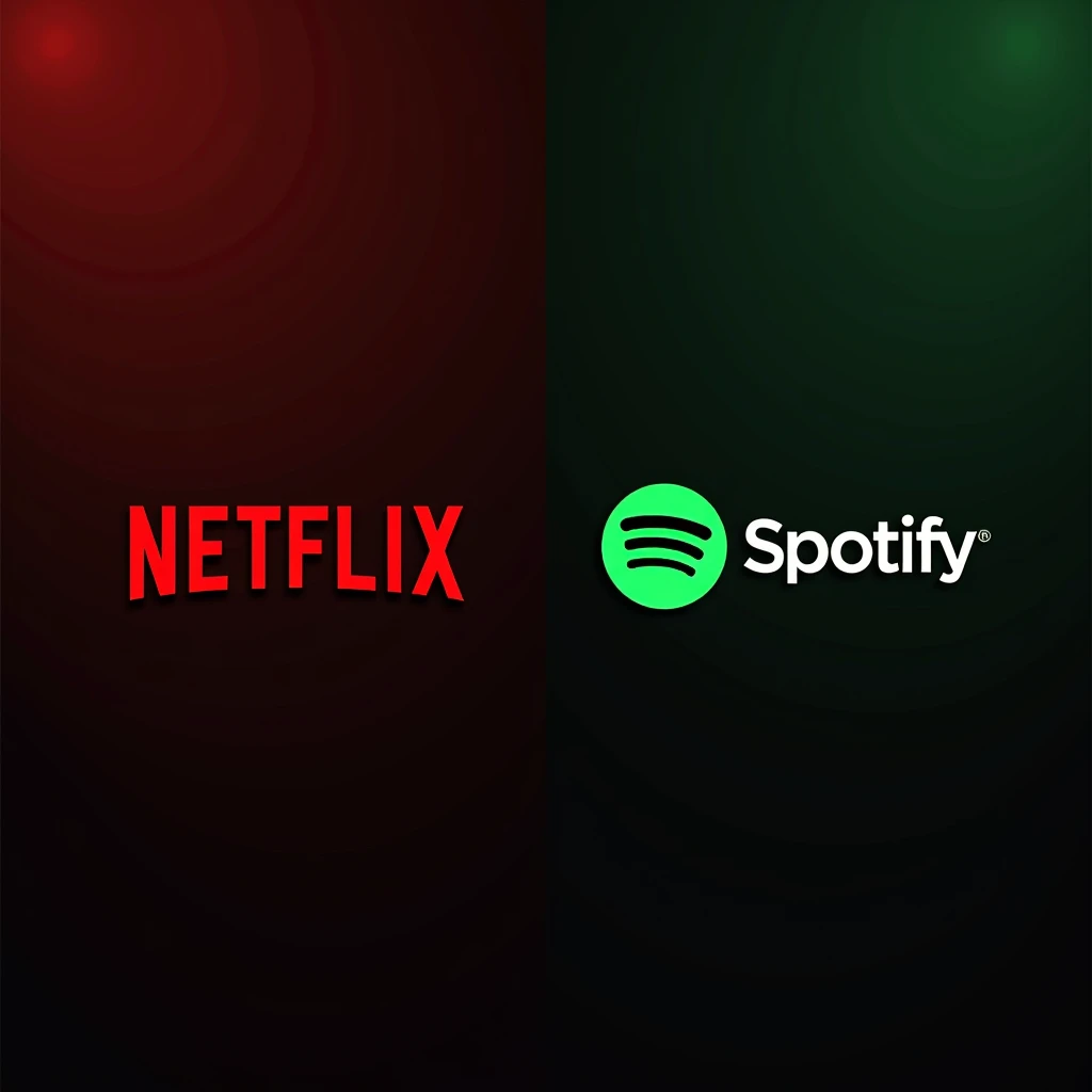 Create a 2k image with a dark red and green mixed gradient background.
With the Netflix logo in front it must have the phrase 280mt and with the Spotify logo in front it must have the phrase 215mt
And at the end it should have the phrase contacts 874141112 and 853607806 calls and SMS and WhatsApp:864865569. It must be justified