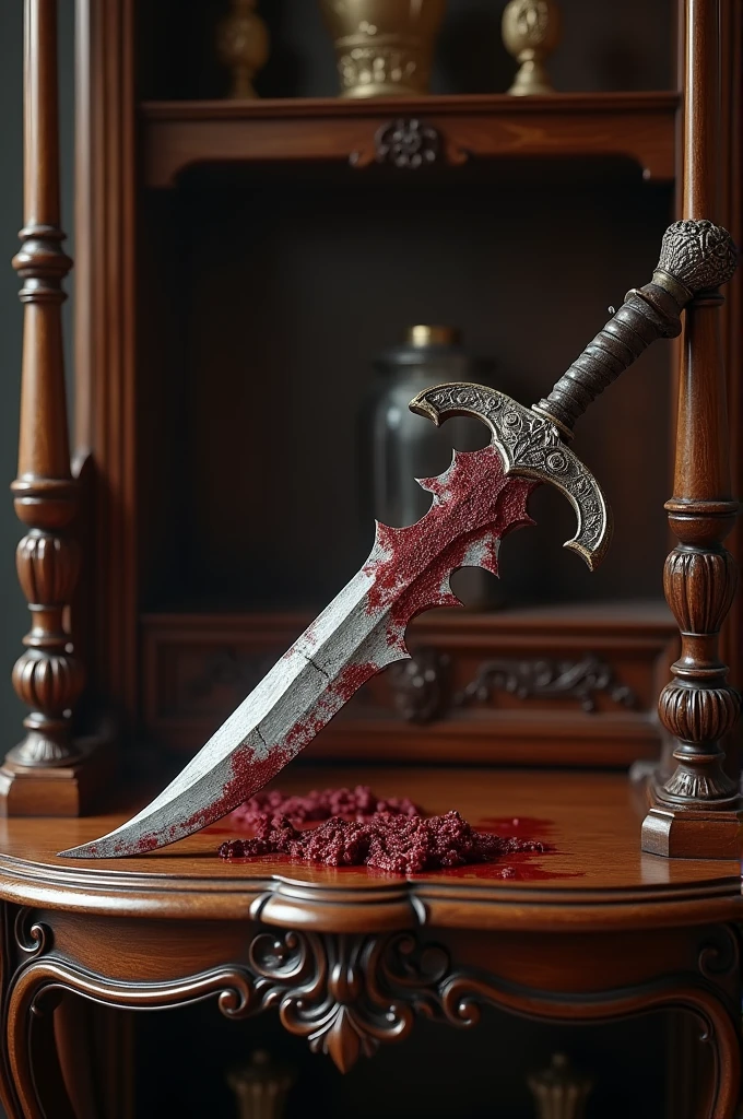 An ancient dagger stained with blood placed on a very expensive and fine room shelf