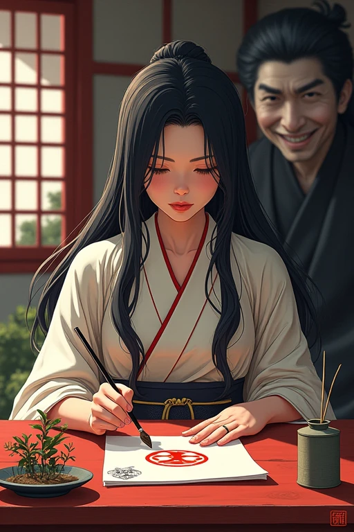 Japanese female shrine maiden who writes amulets, vermilion brush, long hair, The fortune teller smiled and looked at me, she was a grown woman. 1 person