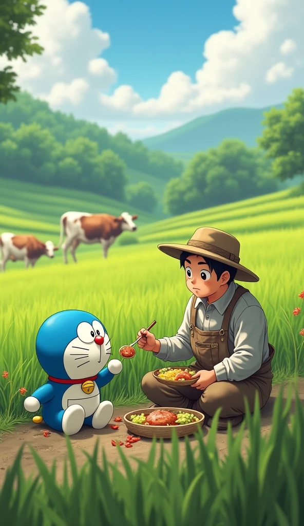 Doraemon sits eating under the tree with the farmer, the surrounding scenery is rice fields and cattle.