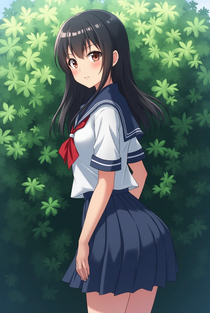 Beautiful 14 year old girl, japanese, schoolgirl clothes, huge ass, visible ass, hidden behind a bush, huge ass, huge butt, Shoulder length hair, hidden behind a bush, at school, forced, anime style, teen, ass in pomp, mini skirt, huge ass