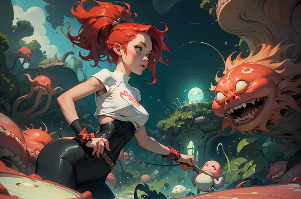 Epic sexy sheer bikini Cinematic PUNK ROCK cute red haired woman, with bouncing breasts no clothes in the style of Tony Sandoval and Ashley Woods art. Fighting slimy tentacles in the the clouds. EXPLOSION.