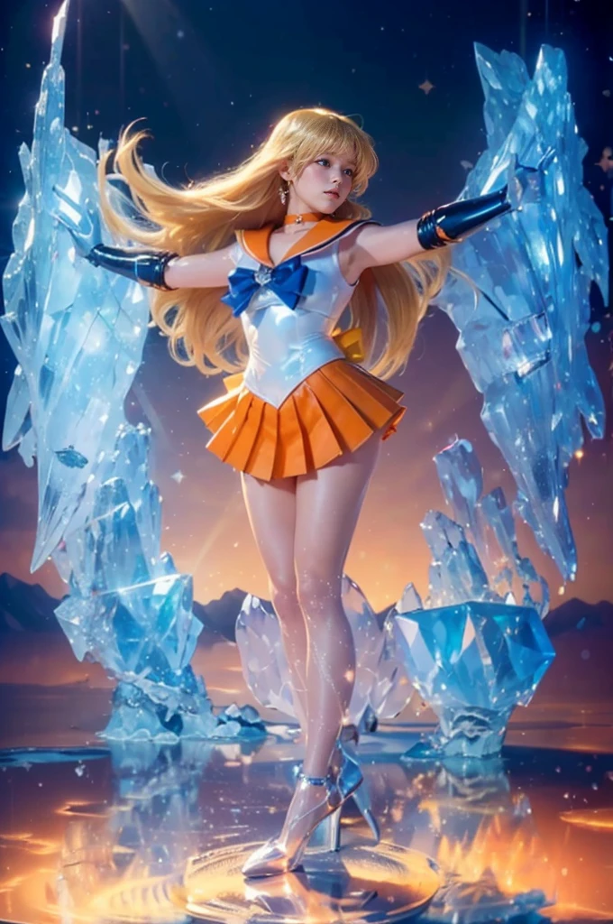 masterpiece, Highest quality, 超A high resolution, (Realistic), RAW Photos, Surreal:1.1, Octane Rendering, Mature Woman, Japanese, ((Depict the whole body)), Sailor Venus, Trapped in the crystal, The body is restrained by crystal, Both arms are buried in ice crystal, Both legs are buried in crystal, Pose of being crucified on a cross, ((The crystal is transparent, Hands and feet are visible)), ((Highly detailed crystal field reflection)), Lots of crystals, masterpiece, Very high definition, Cinematic, exciting, Desperate escape attempts, impotence, close, trap, (精巧なSailor Venusのスーツ), ((An orange sailor collar, Orange Mini Pleated Skirt, Long gloves, Exposed thighs, Orange stiletto heels, choker)), ((Latex costumes)), Blonde, Very long straight hair:1.2, Big eyes:1.4, Solid eye makeup:1.3, Big ample breasts:1.1, Detailed eyes:1.5,