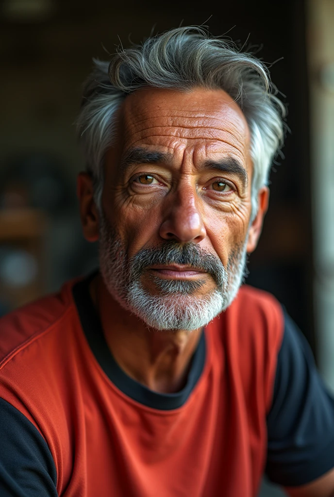 a man wearing a red, black and beige t-shirt, detailed facial features, realistic, photorealistic, 8k, detailed clothing, detailed background, natural lighting, muted colors, cinematic atmosphere, hyper detailed, masterpiece