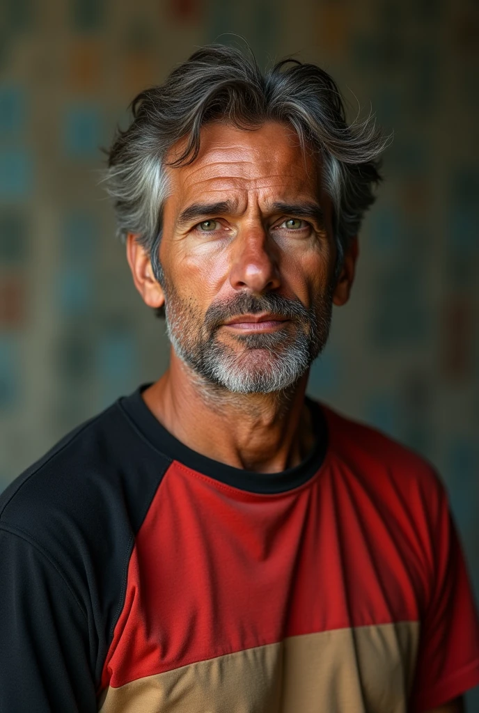 a man wearing a red, black and beige t-shirt, detailed facial features, realistic, photorealistic, 8k, detailed clothing, detailed background, natural lighting, muted colors, cinematic atmosphere, hyper detailed, masterpiece