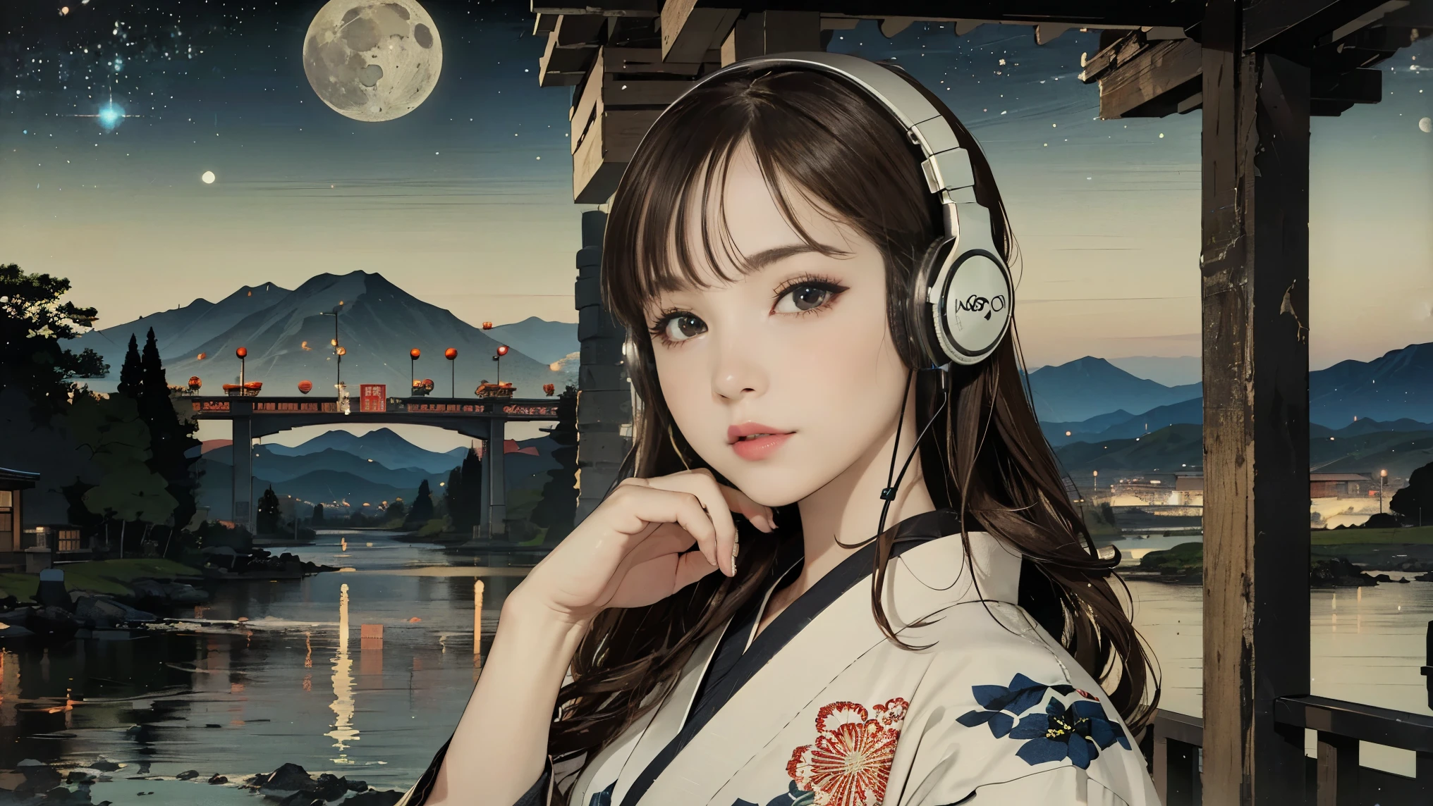 (Highest quality, 8k, masterpiece, High resolution), (whole body), Vibrant colors, Brown-black bob, Traditional topknot, Ample breasts, (Highly detailed face and eyes, Beautiful Face, Beautiful Eyes, Beautiful nose, Pretty lips), Official Art, Ukiyo-e style, (Beautiful woman in kimono), (Vivid floral patterned kimono), background, river, bridge, Mountain, wood, Starry Sky, moon, Detailed CG, ((headphones)),