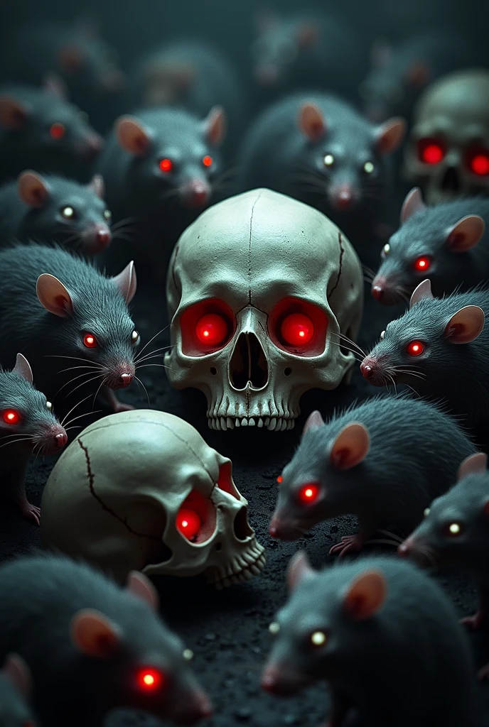 Human skulls surrounded by rats with red eyes
