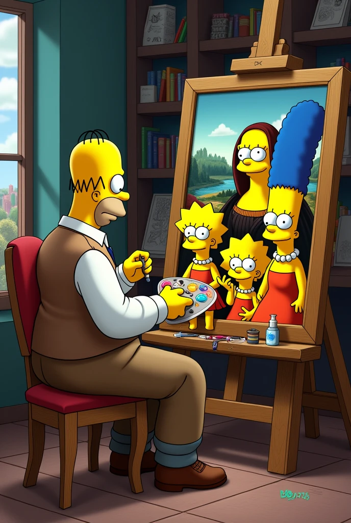 Leonardo da Vinci sitting painting a portrait of the Simpsons
