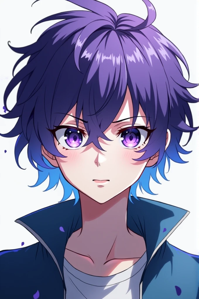 A character from Boku no Hero Academia, a boy with purple hair with wavy blue, purple eyes, white skin color and a thin build
