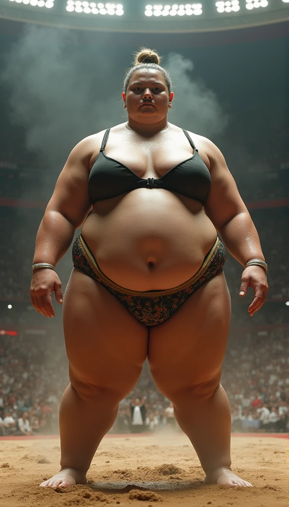 (sweat steam:1.4),Huge body,Height 2m50cm Weight 250kg,Realistic busty 25yo russian beautiful woman,(sexy sumo wrestling:1.2),ultimate form,8k,at sumo ring,fundoshi,bra,in Ryogoku Kokugikan