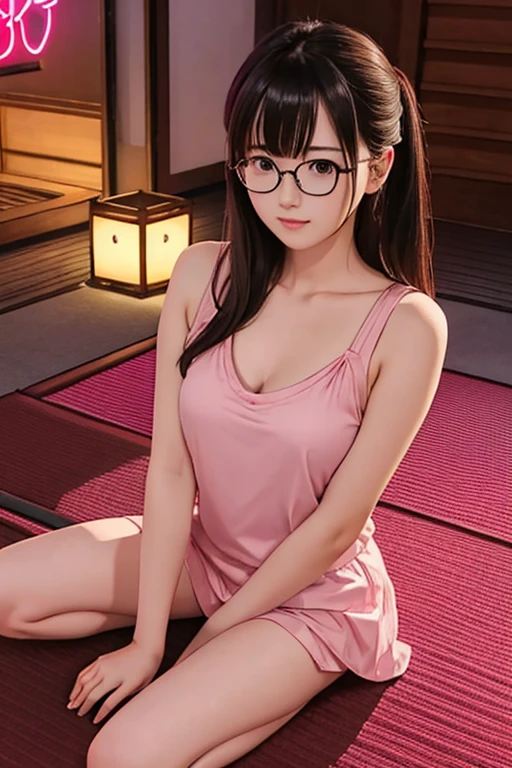 Highest quality、masterpiece、High sensitivity、High resolution、Detailed Description、Slender women、Glasses、White camisole、Sitting on tatami mats、illuminated by pink neon、In an erotic manner
