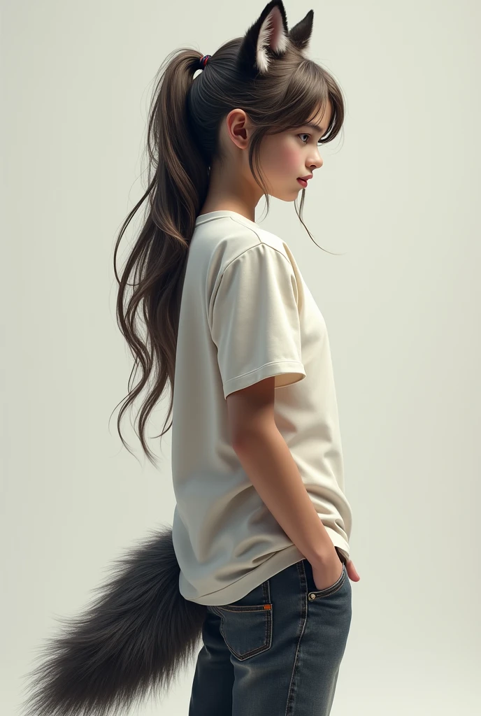 boy with long hair tied in a ponytail, wolf ears and tail, wearing a white t-shirt and jeans