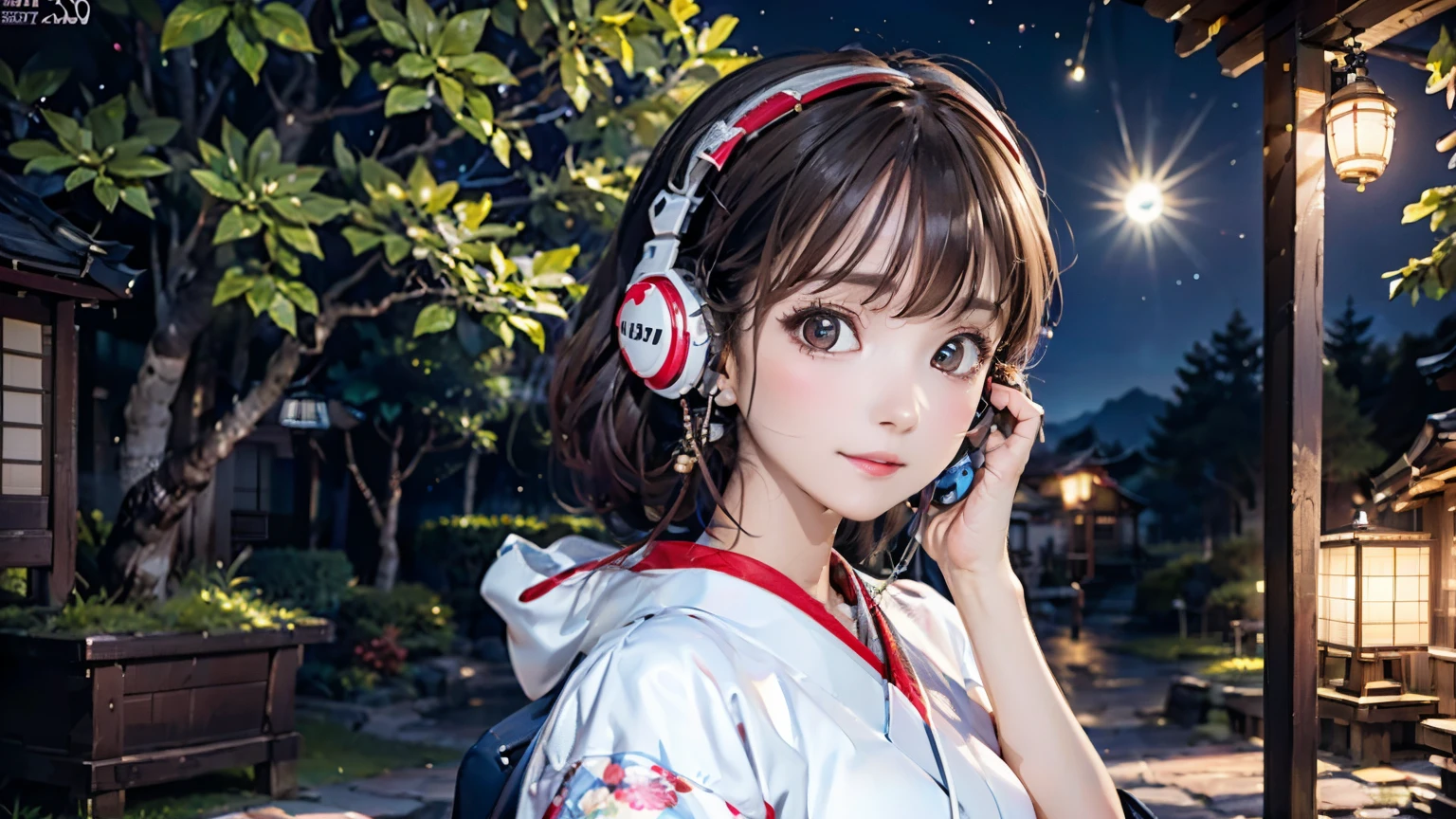 (Highest quality, 8k wallpaper, masterpiece, High resolution), (whole body), Beautiful girl in yukata, Brown-black bob, Traditional round topknot, Ample breasts, (Highly detailed face and eyes, Beautiful Face, Beautiful Eyes, Beautiful nose, Pretty lips), Japanese garden, Digital Art, Detailed Background, Full moon in the sky, moonlight, Detailed CG, ((headphones)),