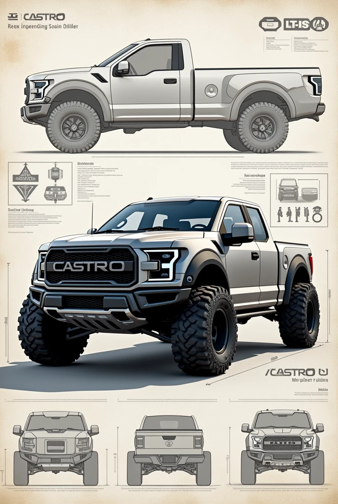 Create a new, different pickup truck model with the CASTRO brand on the large front., a imagem deve ser em forma de blueprint