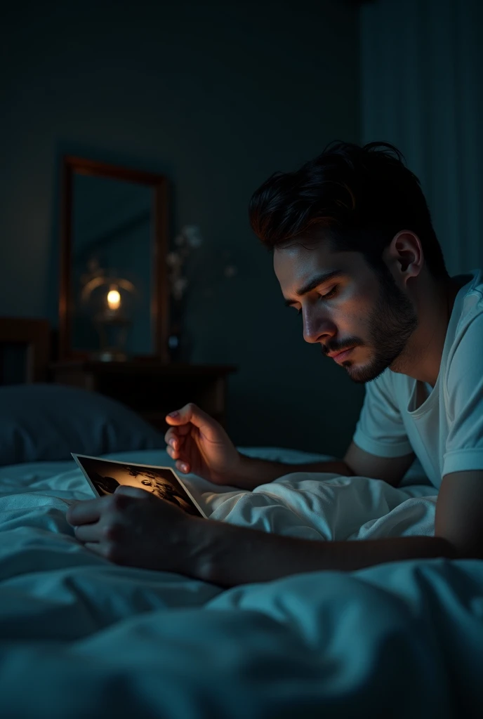 1 man alone in his bedroom at night, looking at ex-lover's photograph on bed, detailed face and expression, moody lighting, atmospheric, cinematic composition, melancholic, muted colors, emotional, 8k, highly detailed, intricate, photorealistic, dramatic lighting, depth of field, emotional, cinematic, moody, melancholic, dramatic, 2dAnimation