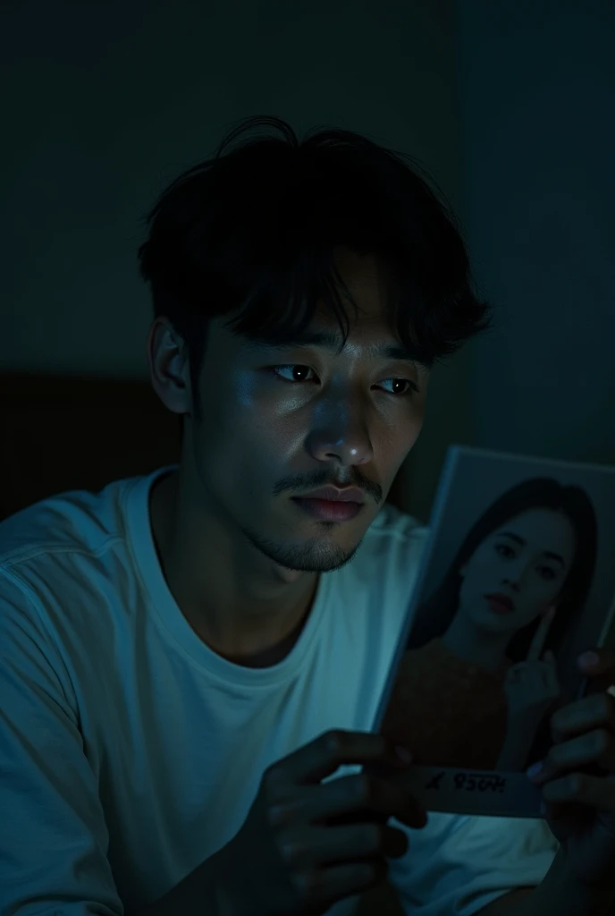 1 man alone in his bedroom at night, looking at ex-lover's photograph on bed, detailed face and expression, moody lighting, atmospheric, cinematic composition, melancholic, muted colors, emotional, 8k, highly detailed, intricate, photorealistic, dramatic lighting, depth of field, emotional, cinematic, moody, melancholic, dramatic, 2dAnimation