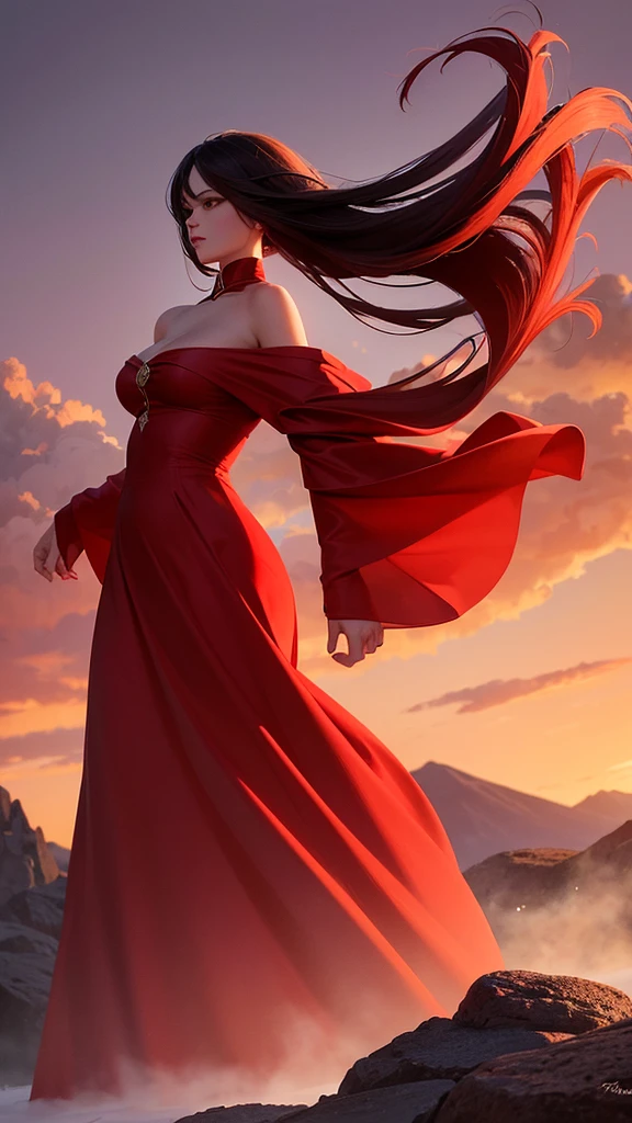 best quality,masterpiece,Ultra-high resolution,(photoactual:4:0),Crimson sky,Mountain rock,A Chinese female ghost,long flowing hair,Big breasts,Wearing a red, stunning, off-the-shoulder gown,Walking with elegance,Long, pointed fingers,Red mist billowing