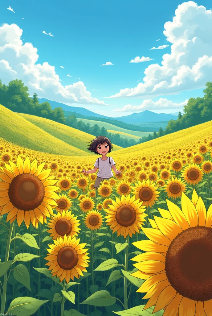 Manga style sunflower field