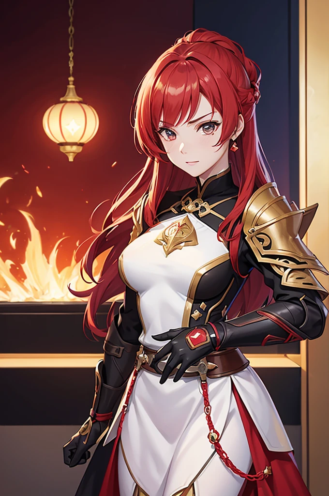 woman with red hair and armor, ayaka genshin impact, ayaka game genshin impact, portrait knights of zodiac girl, female protagonist, cushart krenz key art feminine, valentina remenar, genshin impact character, genshin, cyarine, artgerm and atey ghailan, portrait knight female,(upper body, only one person),looking at viewer,