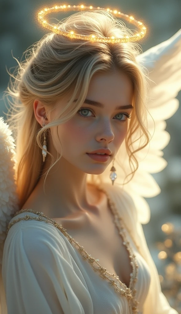 Very beautiful angel, looking at the camera, 19-year-old white female, Watery eyes, Expression in love, Halo