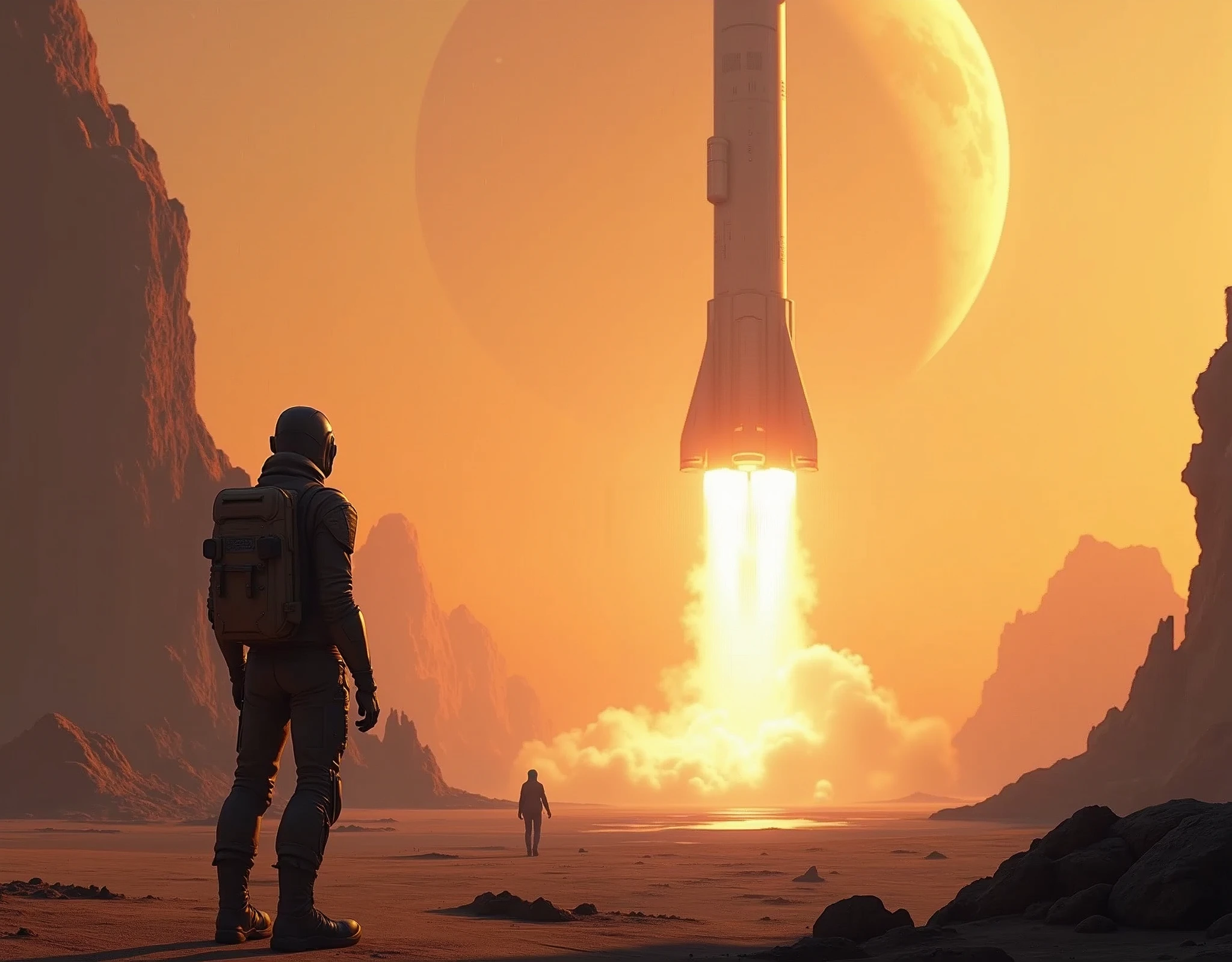 The image depicts a futuristic scene with a humanoid figure walking towards a large, vertically-oriented rocket that is launching into the sky. The setting appears to be a barren landscape with rocky formations and a large planet visible in the background. The color palette is dominated by warm tones, suggesting either a sunrise or sunset atmosphere. The rocket emits a bright light as it ascends, which contrasts with the dimly lit surroundings. The overall impression is one of exploration and adventure in a distant, possibly alien world.
