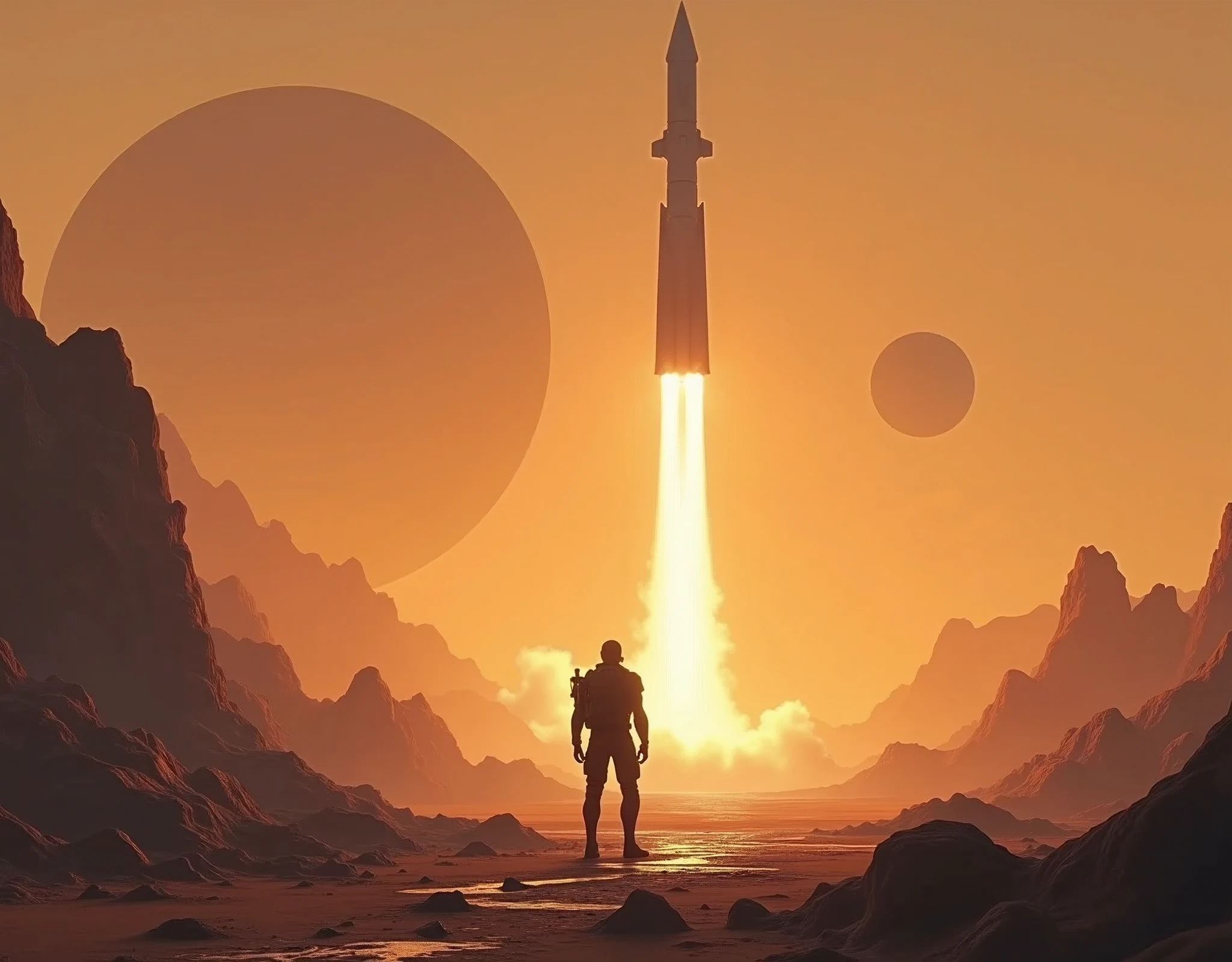 The image depicts a futuristic scene with a humanoid figure walking towards a large, vertically-oriented rocket that is launching into the sky. The setting appears to be a barren landscape with rocky formations and a large planet visible in the background. The color palette is dominated by warm tones, suggesting either a sunrise or sunset atmosphere. The rocket emits a bright light as it ascends, which contrasts with the dimly lit surroundings. The overall impression is one of exploration and adventure in a distant, possibly alien world.
