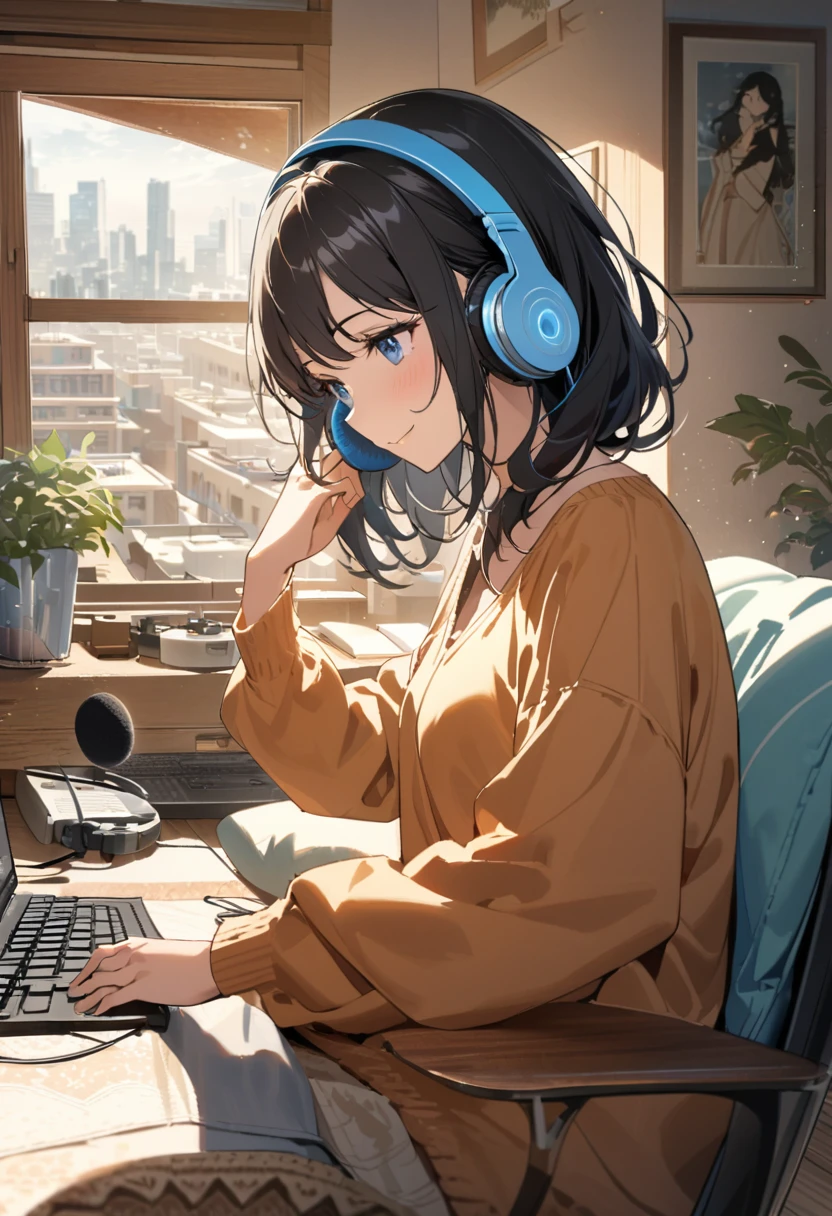 A beautiful woman, alone, A gentle smile on her face, Black Hair, blue eyes, Beautiful depiction,A woman sitting in front of a computer in a cozy bedroom, A woman listening to music in a cozy room (noon), Use headphones and a microphone., (beautiful noon views from windows), City,Very detailed
