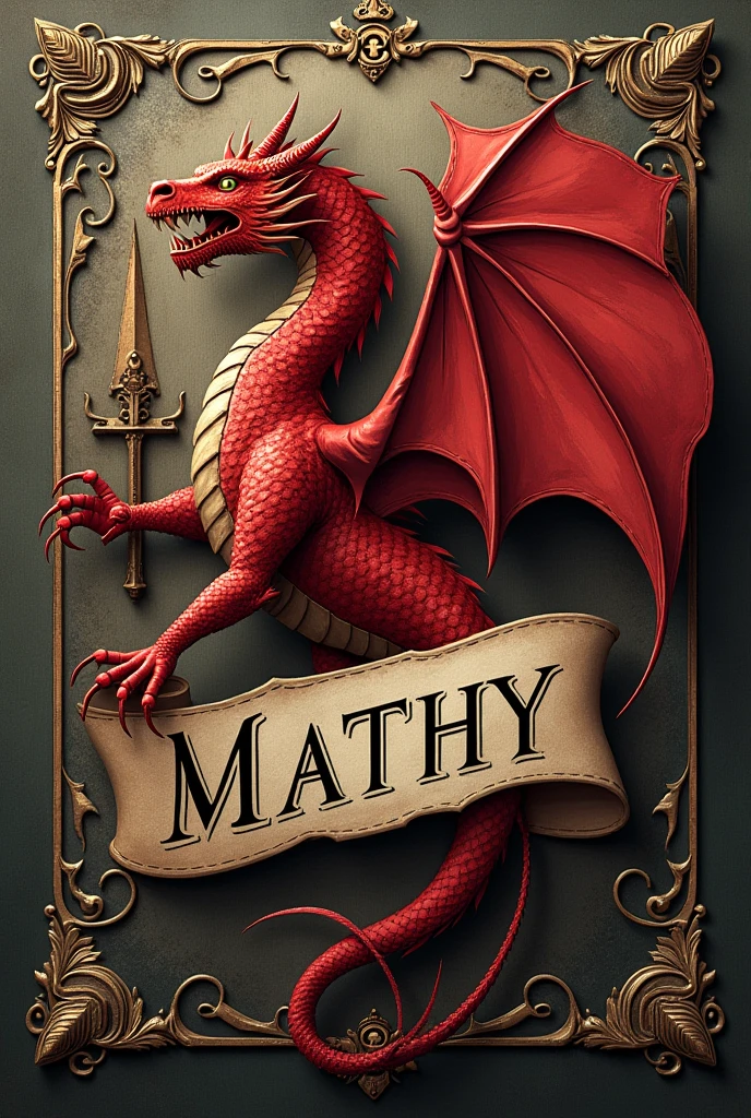 Generate a font for my profile logo with the name "MATHY" that represents a medieval style house's banner and red dragon as its symbol. The font should be traditional elegant. The background should be in earth-tone colors.