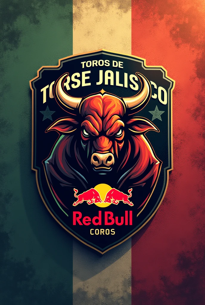 Create a soccer crest, that says "Toros de Jalisco" at the top, then in the middle have an imposing bull, and at the bottom the Red Bull logo.
