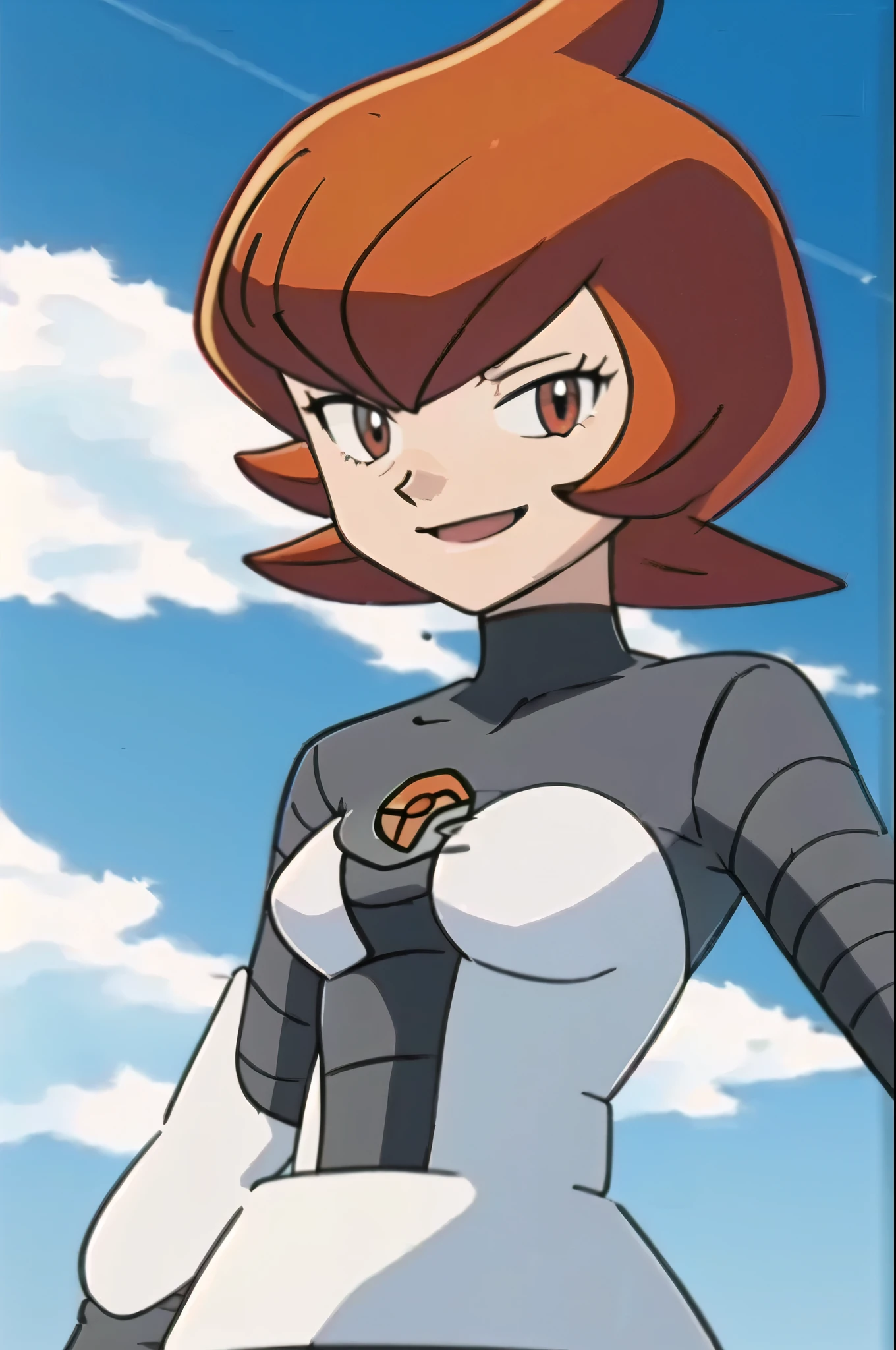 (masterpiece, best quality:1.2,ultra detailed,8k),1girl,solo,Jupiter \(pokemon\),purple eyes,purple hair,long sleeves,looking at viewer,smile,Team Galactic
