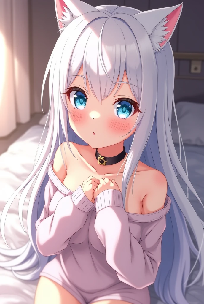 masterpiece, best quality, highres, kei1, 1girl, solo, blue eyes, long hair, (wears an attractive feminine lacery), ribbon, bangs, collarbone, gray hair, black hair band, neck ribbon, hair between eyes, medium breasts, cowboy shot, smile, anatomically correct full body, this inside a hotel room, this sitting on a bed with her legs open,  has a lusty pose, complete escenario detallado