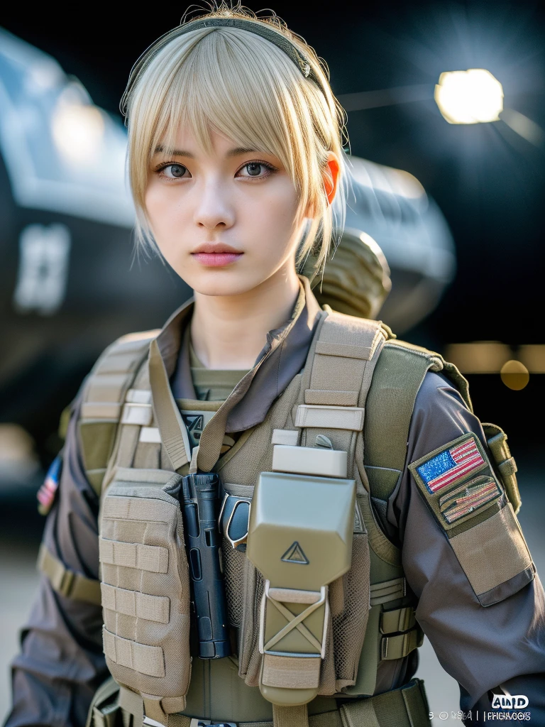 (masterpiece, ultra-detailed, ultra-realistic, best quality, clear focus, photorealistic), (ultra-high resolution, 8k:1.3), cinematic color-grading film, dramatic scenes, shadow, global-illumination, perfect anatomy, perfect face, (detailed face skin texture, detailed eye:1.3), (20 years old Japanese beautiful punk rock girl:1.2), (blonde hair:1.3), (Experienced paratroopers:1.3), professional light, soft light, (boyish cool Japanese face:1.3), (Fully equipped for battle:1.4), (m4a1 large assault rifle:1.4), (standing in front of a large military transport plane:1.3), (at night:1.3), (wearing a soldier's outfits with parachute on her back:1.2), (Strong willed expression:1.2), (afraid:1.4), slim waist, (military helmet), tactical vest, military harness, face focus,