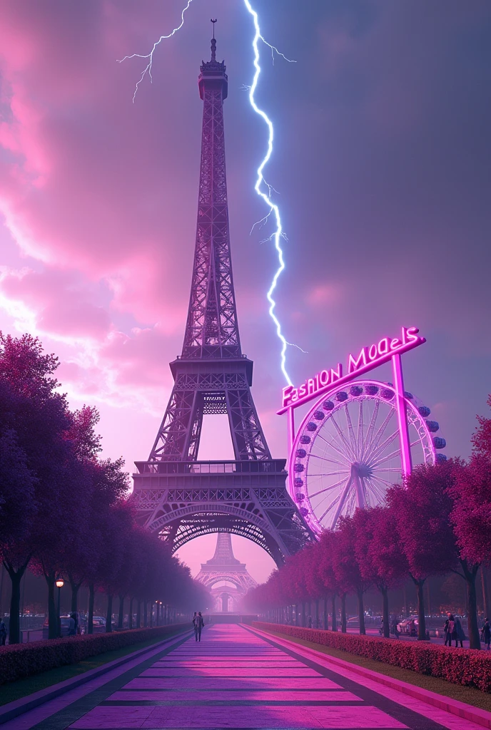 Effiel Tower in the center, big, without buildings or people. Un cartel big al lado derecho que diga "Fashion Models" In the background a Ferris wheel and a lightning bolt in the sky. purple tones