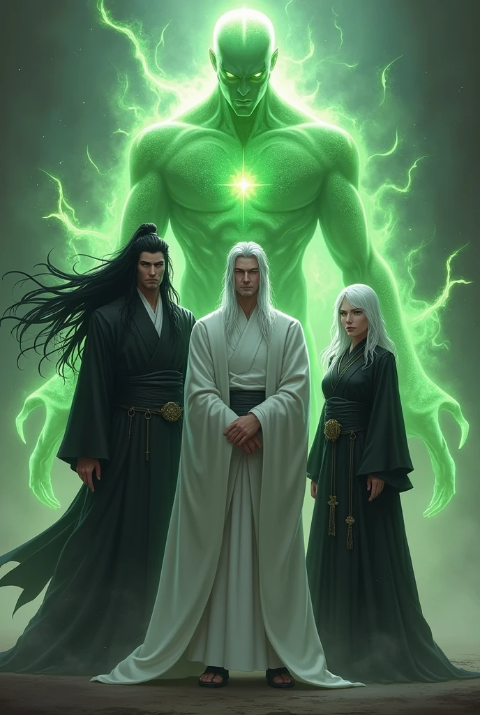 Create a group of people, a tall man with long samurai-style black hair,with black clothes , a man with medium-length white hair wearing white clothes . A tall green humanoid with a green aura and green powers, and a woman with white hair and black clothes , Make them all old
