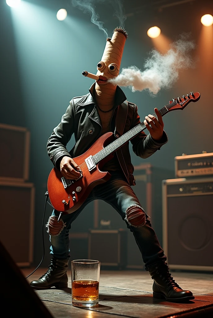 generate a red point cigarette with a body and face like a person&#39;s and that is playing rock with a guitar in a concert while also smoking a cigarette and drinking whiskey