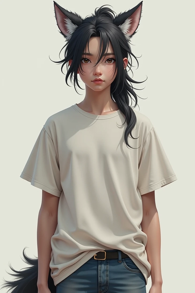 boy with long hair tied in a ponytail, wolf ears and tail, wearing a white t-shirt and jeans