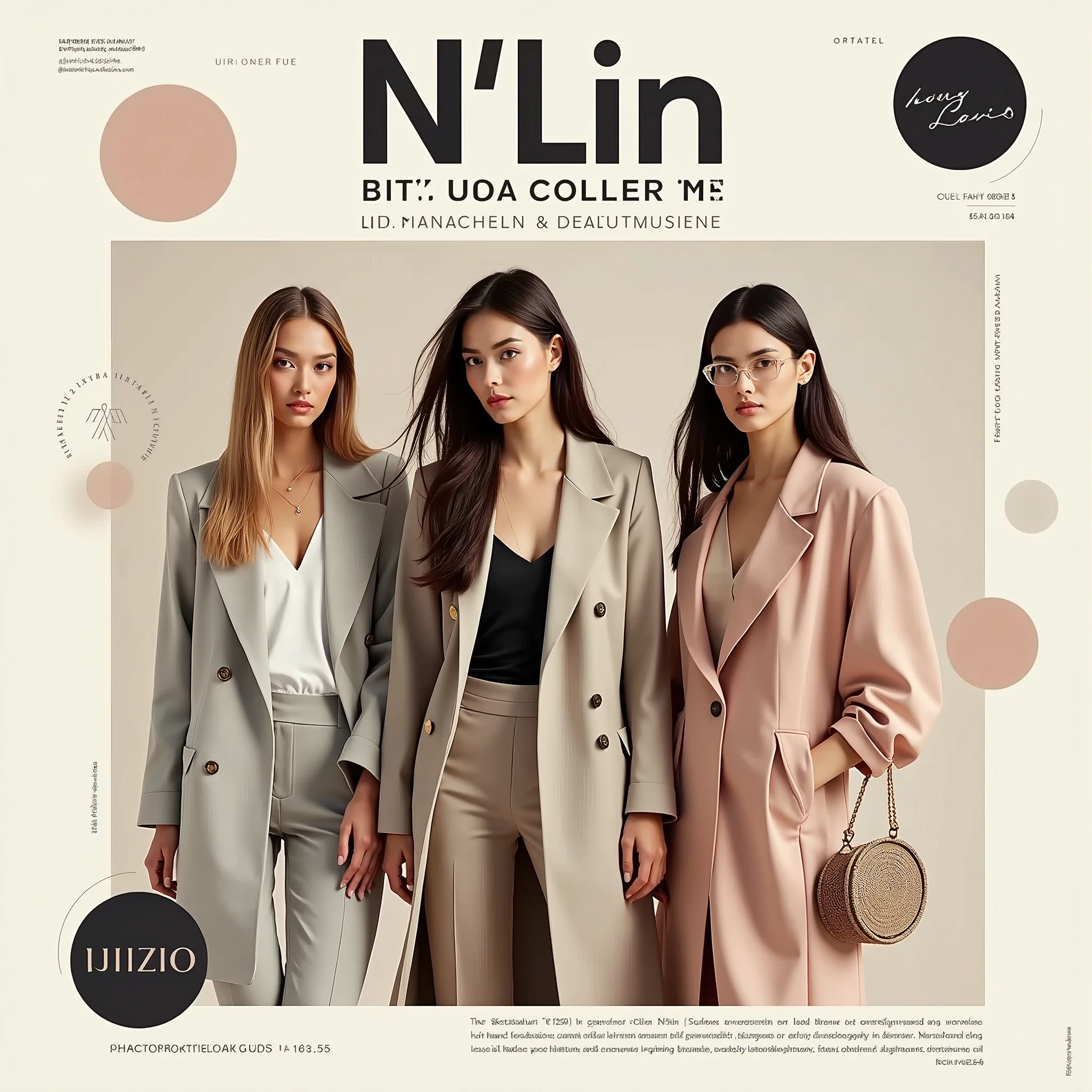 Create a fashion poster for the brand N'Lin, showcasing its chic and trendy style. The poster should appeal to young women aged 25-30, highlighting the brand's focus on fashionable and contemporary designs. Use a sleek and modern aesthetic with high-quality visuals that exude sophistication and style. Incorporate elements like bold typography, elegant models, and a clean layout that reflects the brand's identity as a leader in high-end fashion for young, stylish women. The overall design should convey a sense of exclusivity, confidence, and cutting-edge fashion.
