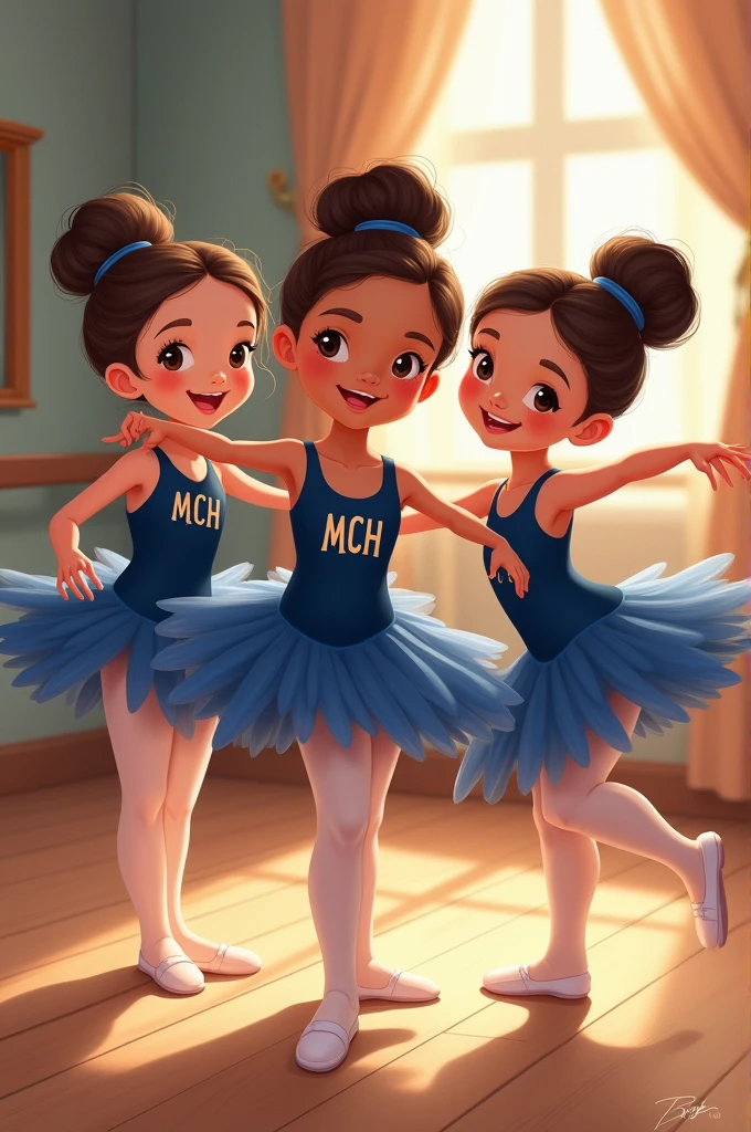 Create a Disney-style illustration of ballet girls who are in a ballet studio. Smiling girls. Well-styled with a bun. Leotard and skirt in navy blue.On the leotard, it must have the initials MCH.