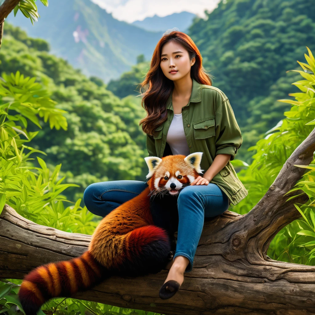 A stunning cinematic photo capturing a naturally beautiful Korean woman in a 3/4 angle full body view. She is seated on a fallen tree trunk in a serene green hill environment, surrounded by lush foliage and a distant mountain range. The woman is dressed casually in a t-shirt, cargo jacket, and long denim pants, with flip-flops on her feet. She is holding a captivatingly cute red panda, which adds a magical touch to the scene. The soft sunlight creates an ambient glow, and the image is captured in ultra-high definition with a DSLR camera, showcasing an impressive level of detail., cinematic, wildlife photography, photo, portrait photography
