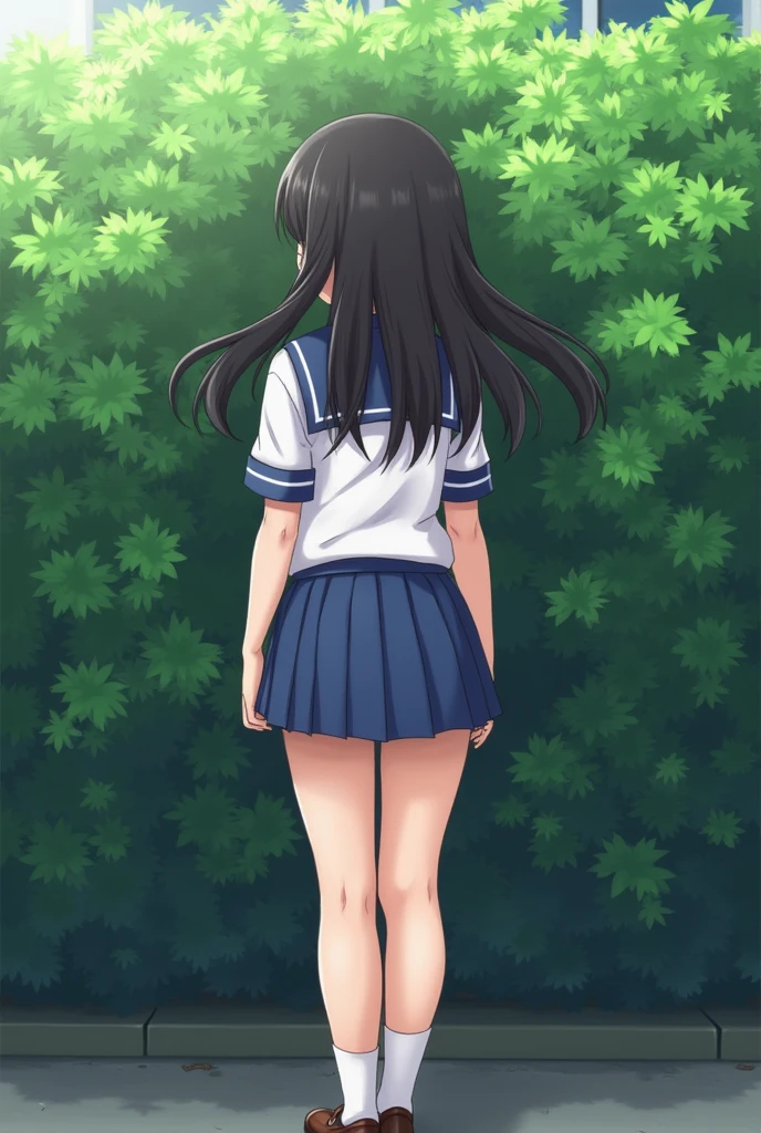Beautiful 14 year old girl, japanese, schoolgirl clothes, huge ass, visible ass, hidden behind a bush, huge ass, huge butt, Shoulder length hair, hidden behind a bush, at school, forced, anime style, teen, ass in pomp, mini skirt, huge ass, huge ass