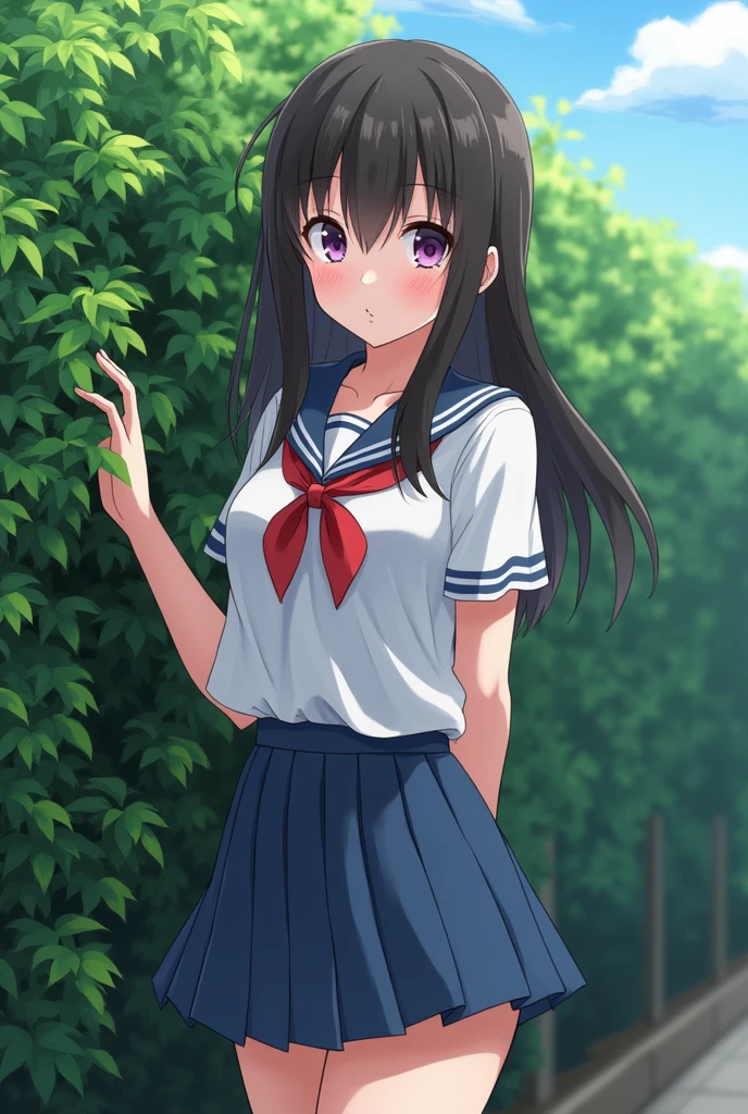 Beautiful 14 year old girl, japanese, schoolgirl clothes, huge ass, visible ass, hidden behind a bush, huge ass, huge butt, Shoulder length hair, hidden behind a bush, at school, forced, anime style, teen, ass in pomp, mini skirt, huge ass, huge ass