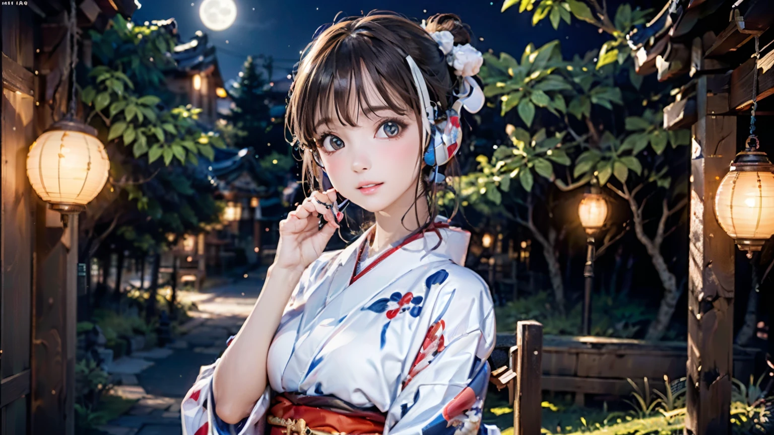 (Highest quality, 8k wallpaper, masterpiece, High resolution), (whole body), Beautiful girl in yukata, Brown-black bob, Traditional round topknot, Ample breasts, (Highly detailed face and eyes, Beautiful Face, Beautiful Eyes, Beautiful nose, Pretty lips), Japanese garden, Digital Art, Detailed Background, Full moon in the sky, moonlight, Detailed CG, ((headphones)),