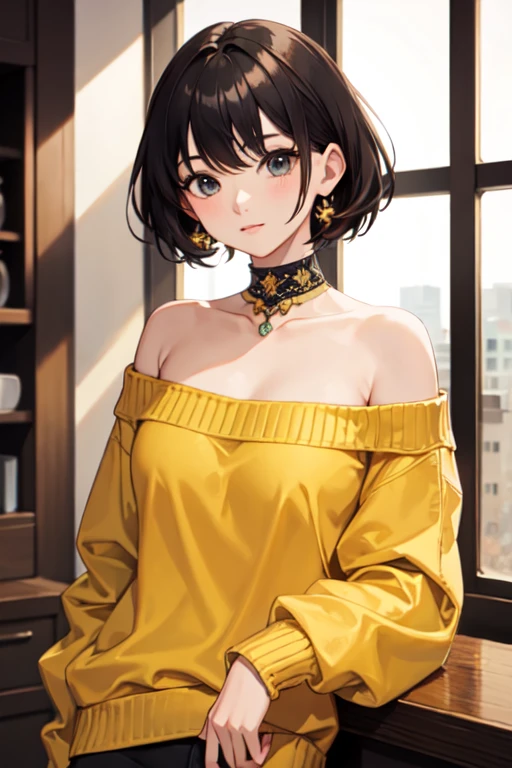 ((Highest quality)), ((masterpiece)), (detailed), One person, Off-the-shoulder sweater, 