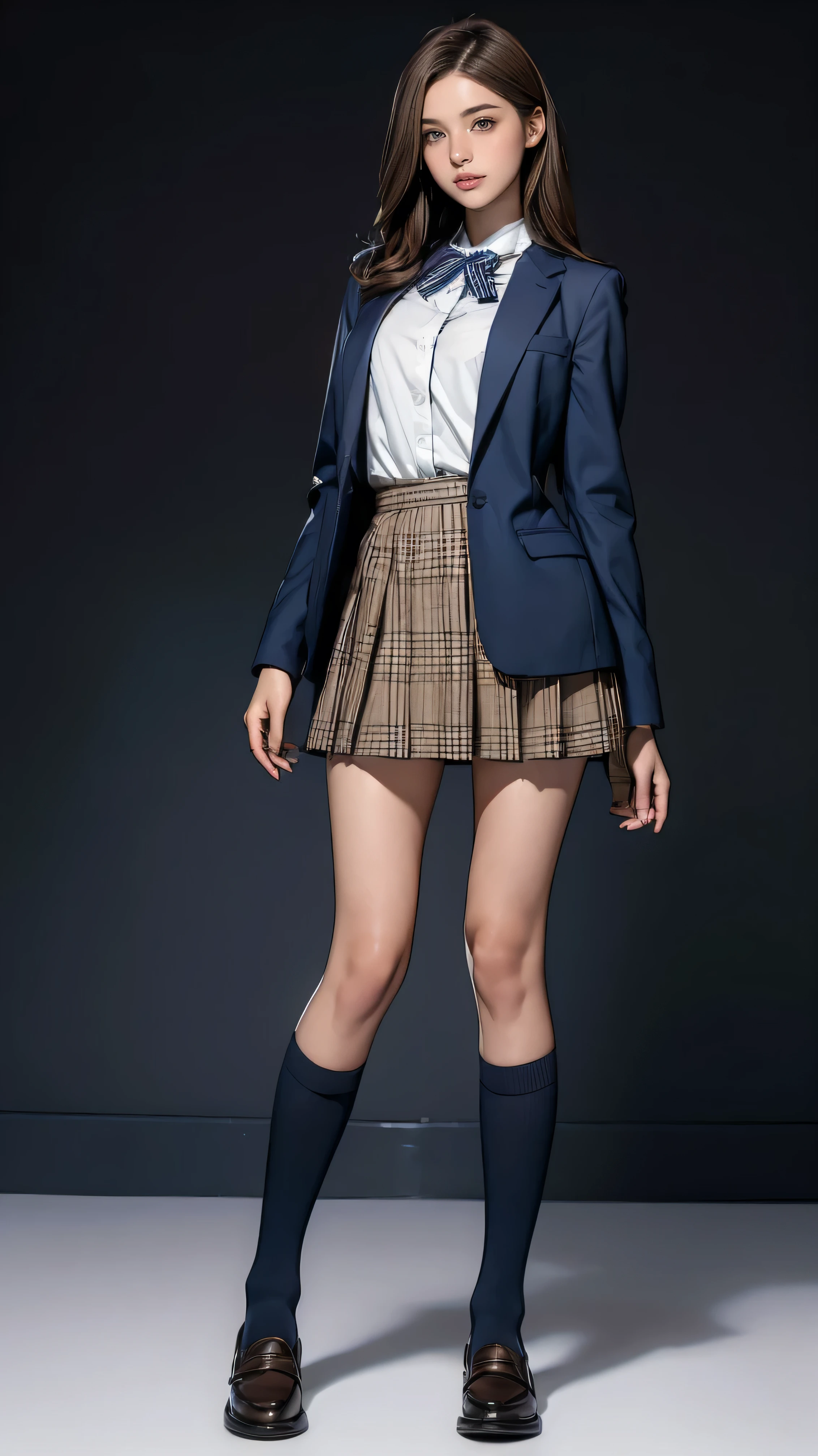 ((Highest quality,4K,High resolution,masterpiece:1.2)),((Character Concept Art)), 1 female, 20-year-old women, ((Shoulder-length brown hair)), Black Hair, (Skin as white as snow), Very detailed eyes (Brown Eye Color), have confidence, beautiful, , slim body build, ((Intricate details)), Very finely crafted needles, Very finely crafted fingers(((10 fingers))), Wearing a navy striped school blazer、Over a loose white long-sleeved school shirt with a furry collar,, Checkered Mini School Skirt, White School Socks, Black school loafers, (Standing Elegantly), (Full-body showcase), (Show whole body),A shy smile、In the classroom at school