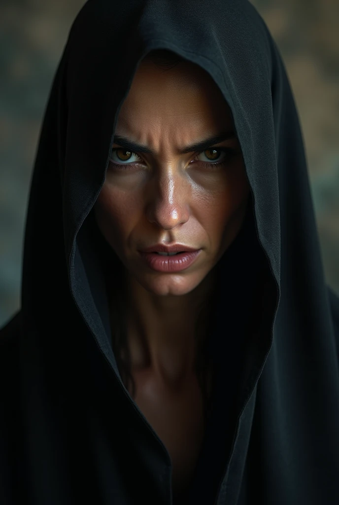 (Award Winning Photo:1.3) of (Ultrarealistic:1.3),(Angry:1.3) (close up:0.7), a woman with black robe, real skin, canon 5d, 85 mm, depth of field, 8k, ultra sharpness, rtx, octane, unreal, dramatic light, global illumination (by Artist WLOP:1.3),Highly Detailed,(Dark Wave Art:1.3),(Hardcore Art:1.3),(Agfacolor:1.3),(close portrait:1.3),(Feminine:1.4),(beautiful:1.4),(attractive:1.3),handsome,calendar pose,perfectly detailed eyes,studio lighting,thematic background