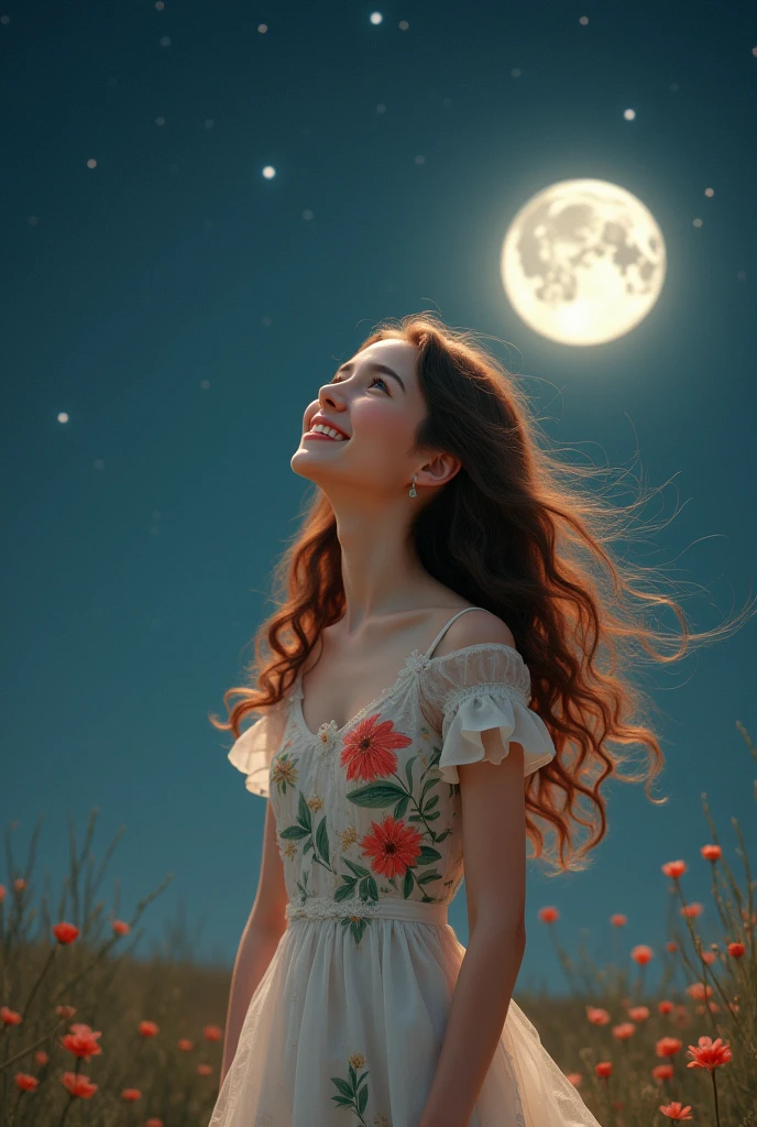 Create an image of a white woman with curly hair, brown and long. She's wearing a white dress with red and green floral print. She is happy and smiling. She's looking at the stars and the full moon