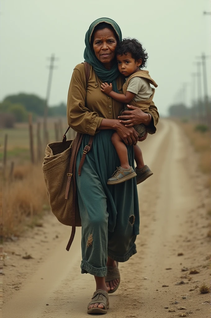 Poor loving mother on road with her child