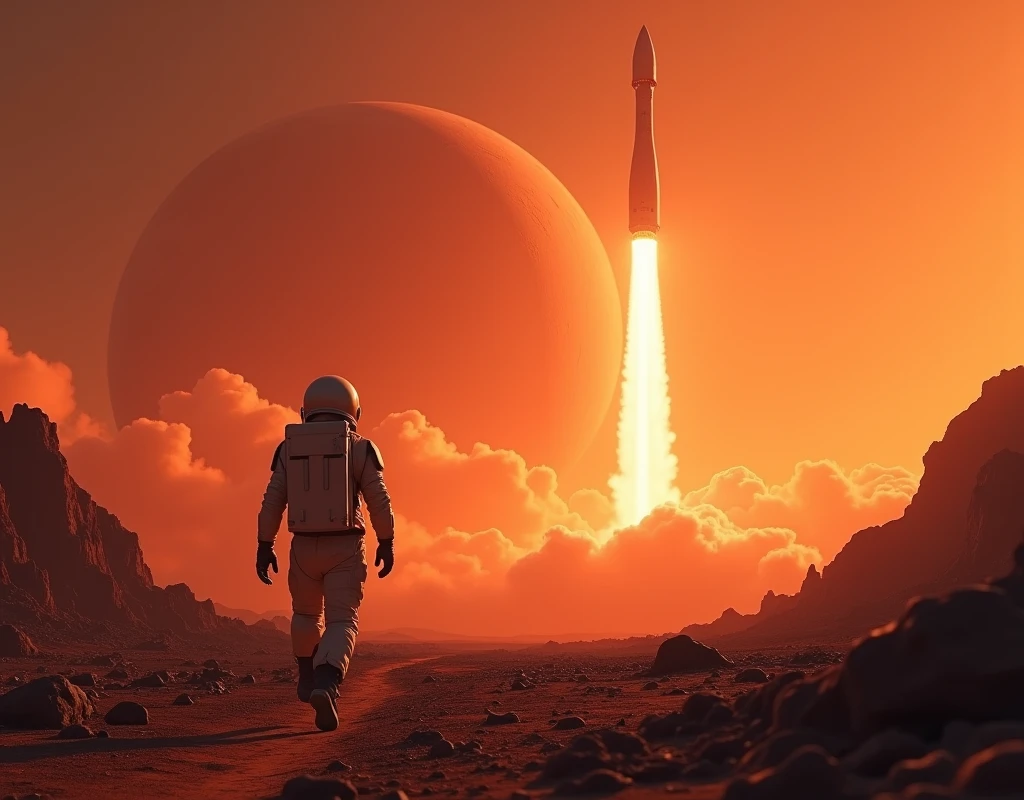 A lone astronaut steps forward, against the crimson-hued horizon, towards a towering rocket's fiery ascent. The barren terrain stretches out, dotted with rocky outcroppings, as the distant planet's rugged surface looms large. Warm light bathes the scene, casting long shadows, as the rocket's blazing trail pierces the sky.