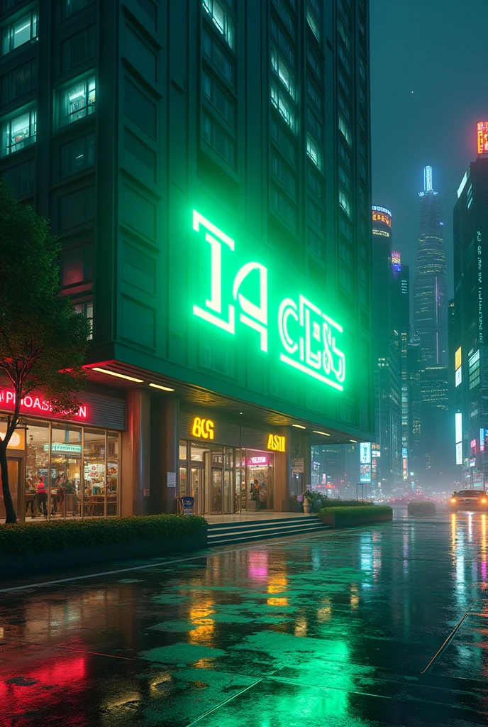 A vibrant cityscape at night, with a sleek modern building as the central focus, with a large horizontal neon sign mounted on its facade, reading “IA CCS STUDIO”, fluorescent green lights The bright, glowing lights of the signs cast a colorful glow onto the surrounding metropolitan landscape, with dark skyscrapers and bustling streets in the background, the reflections of the signs subtly visible on the wet pavement, creating a sense of dynamism and energy, the overall atmosphere exudes a futuristic and high-tech vibe, with subtle fog and mist gathering to add depth and mystery to the scene.
